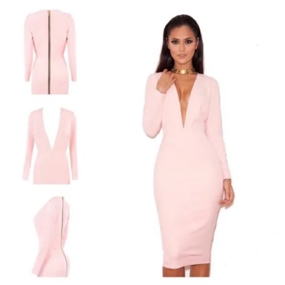 House Of CB Dominique Pink Deep Plunge Bodycon MIDI Dress Medium - Picture 3 of 16